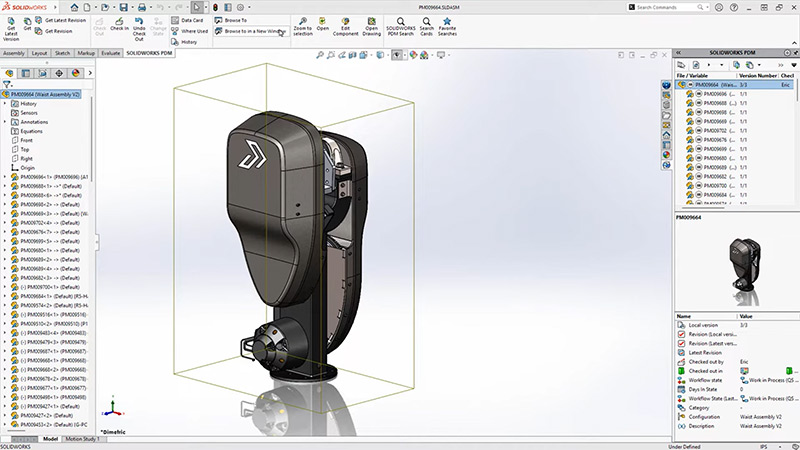 Screenshot showing SOLIDWORKS UI with CAD model and data Screenshot showing SOLIDWORKS UI with CAD model and data